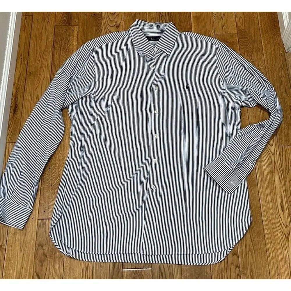 Two Ralph Lauren Polo Button Down Striped‎ Dress Shirt Size 16.5 42 Purple/ Blue - Picture 4 of 9